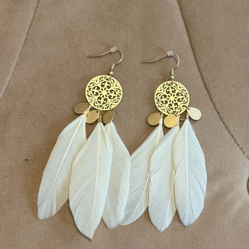 Elegant Gold and White Feather Earrings